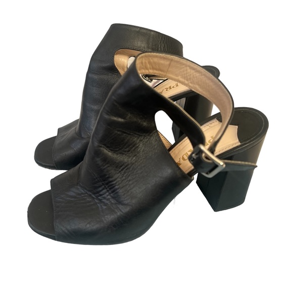 PRADA Albina Black Leather Chunky Block Peep Toe Slingback Heels 38.5 - Picture 5 of 13